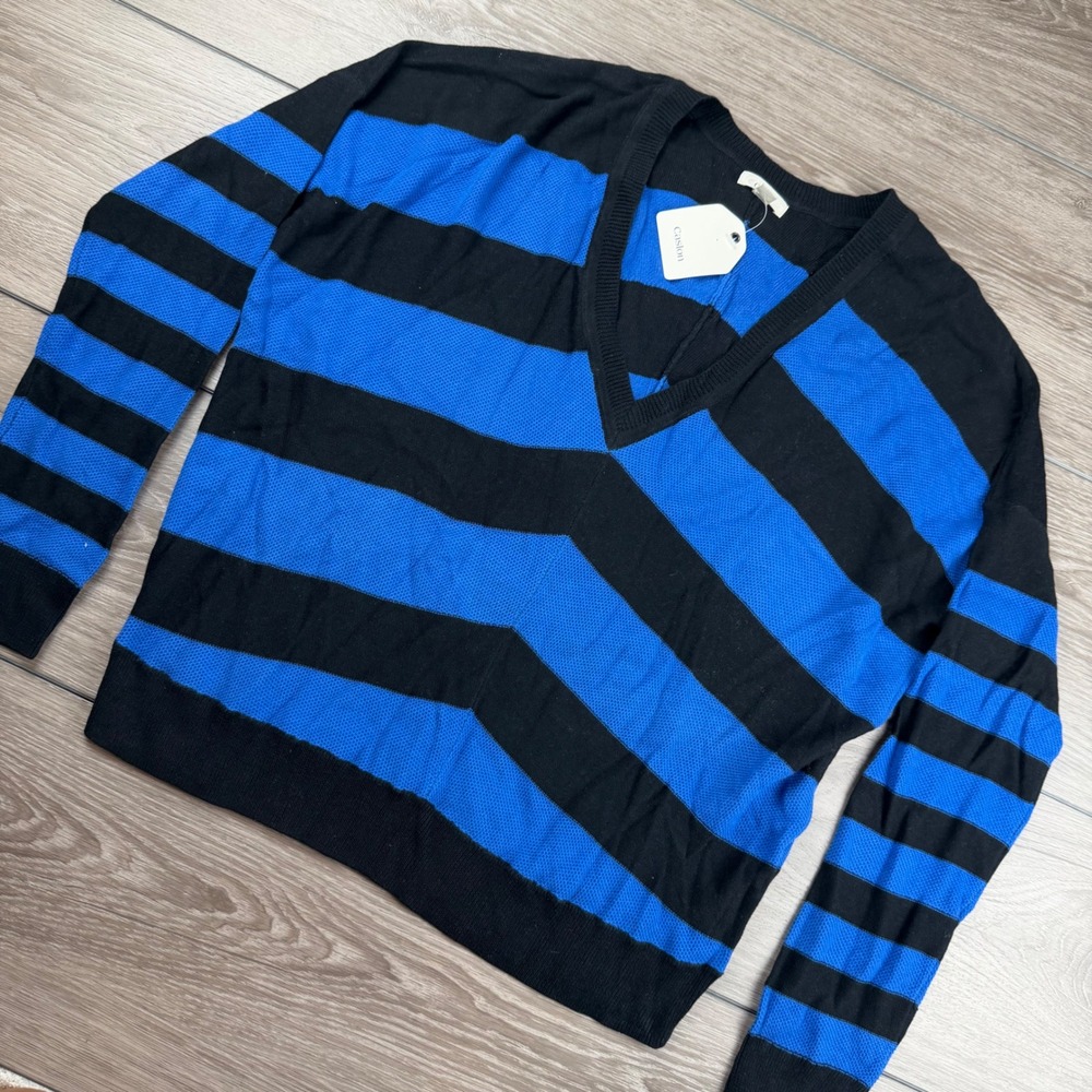 Caslon Women Sweater V-Neck Striped Cotton Blend Blue Black Large